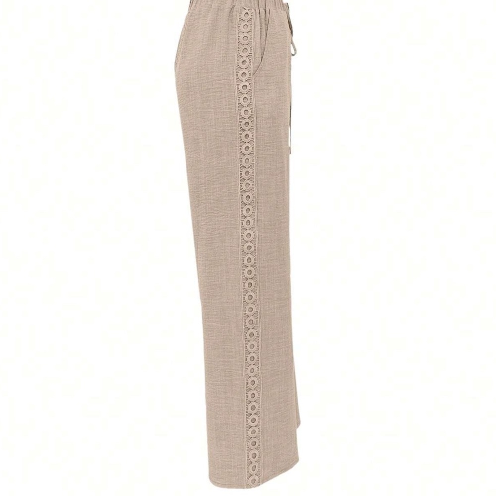 Wide Straight-Leg Linen-Blend Pants with Lace Side Panel - Beige - Picture 3 of 8